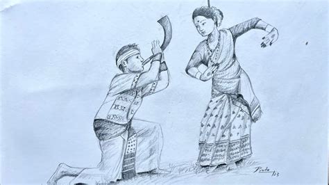 pencil bihu drawing|Bihu dance drawing .